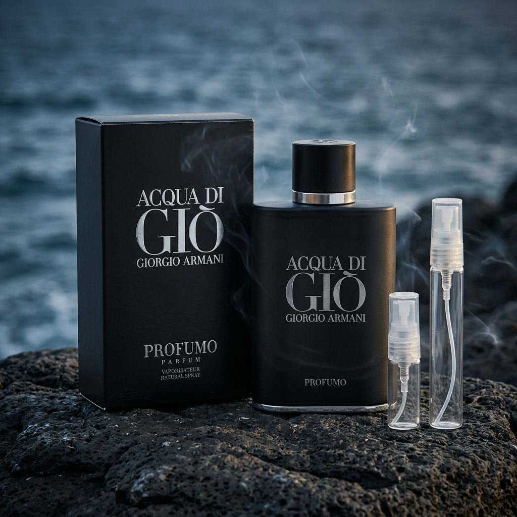 Acqua di Giò Profumo bottle and box with plain clear-glass travel sprays in a smoky coastal setting