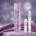 Ariana Grande Moonlight Body Mist with clear-glass travel sprays in a lavender moonlit setting