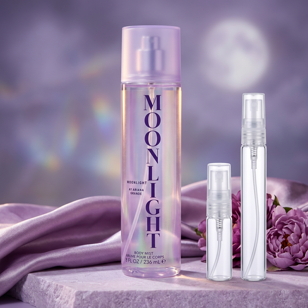 Ariana Grande Moonlight Body Mist with clear-glass travel sprays in a lavender moonlit setting