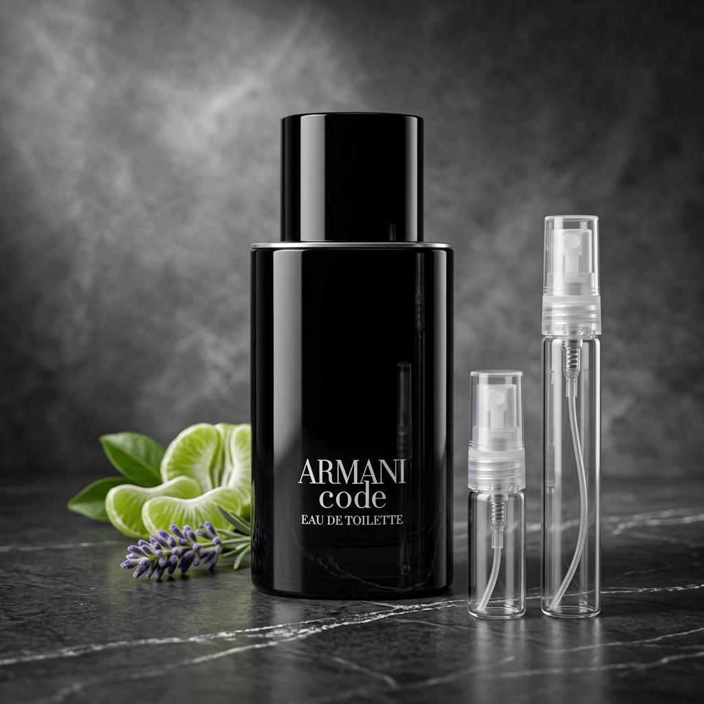 Armani Code Eau de Toilette with plain clear-glass travel sprays in a charcoal-and-silver setting