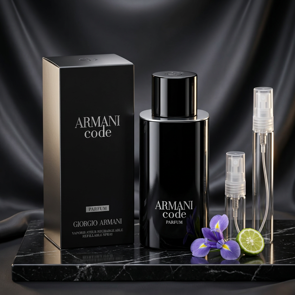 Armani Code Parfum bottle and box with plain clear-glass travel sprays in a black-and-silver setting