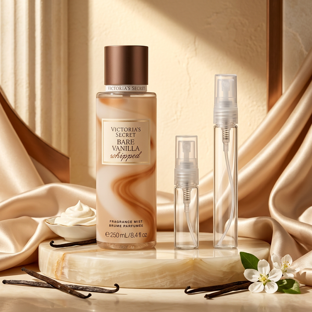 Bare Vanilla Whipped with plain glass travel sprays in a cream-and-bronze setting