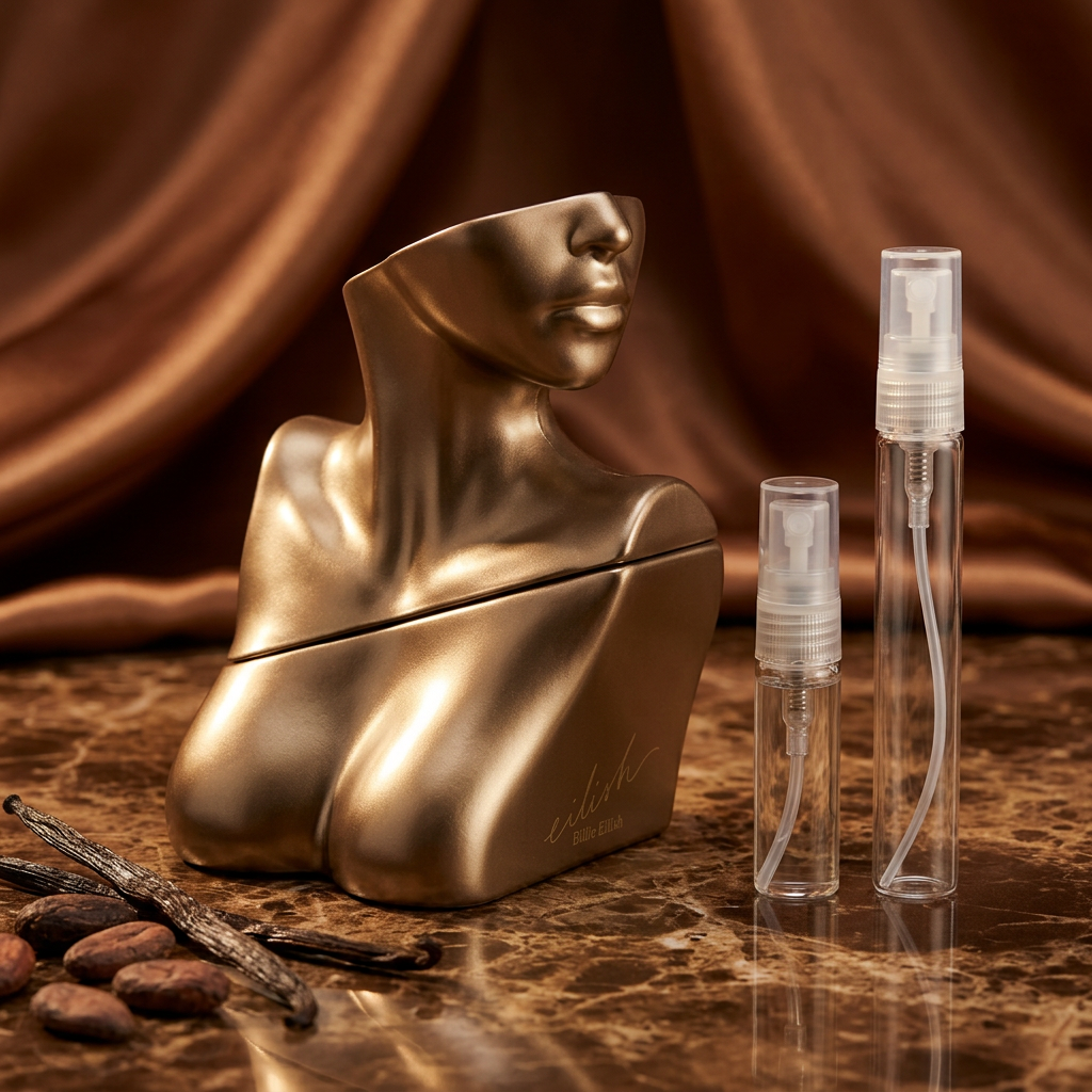 Billie Eilish Eilish No. 1 with plain clear-glass travel sprays in a warm bronze and cocoa setting