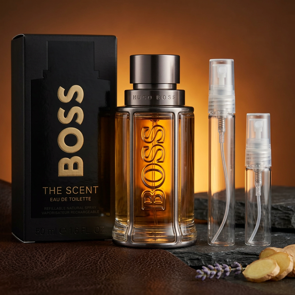 Hugo Boss The Scent with plain clear-glass travel sprays in an amber-and-leather setting