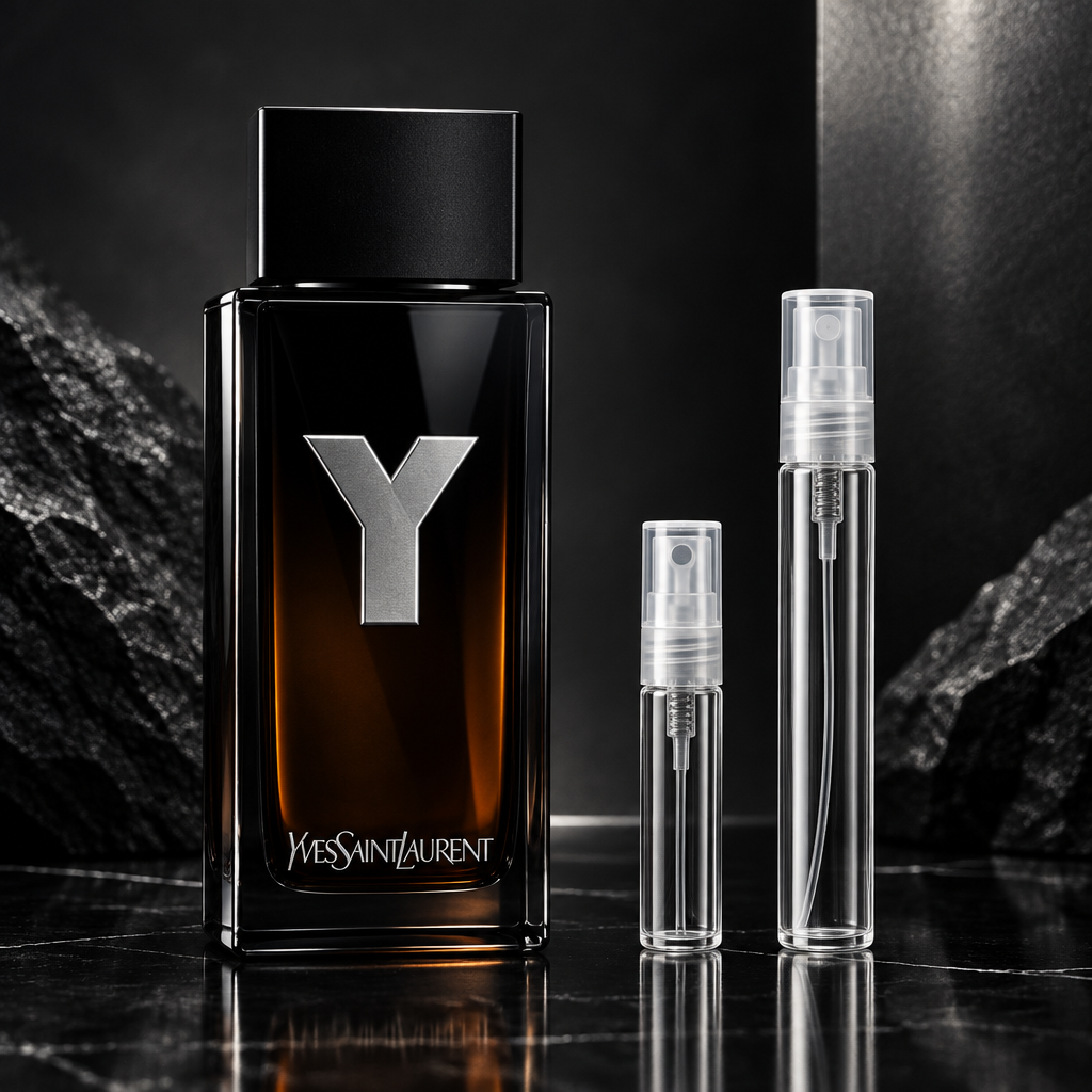 YSL Y Eau de Parfum bottle with 5 ml and 10 ml plain clear travel spray vials