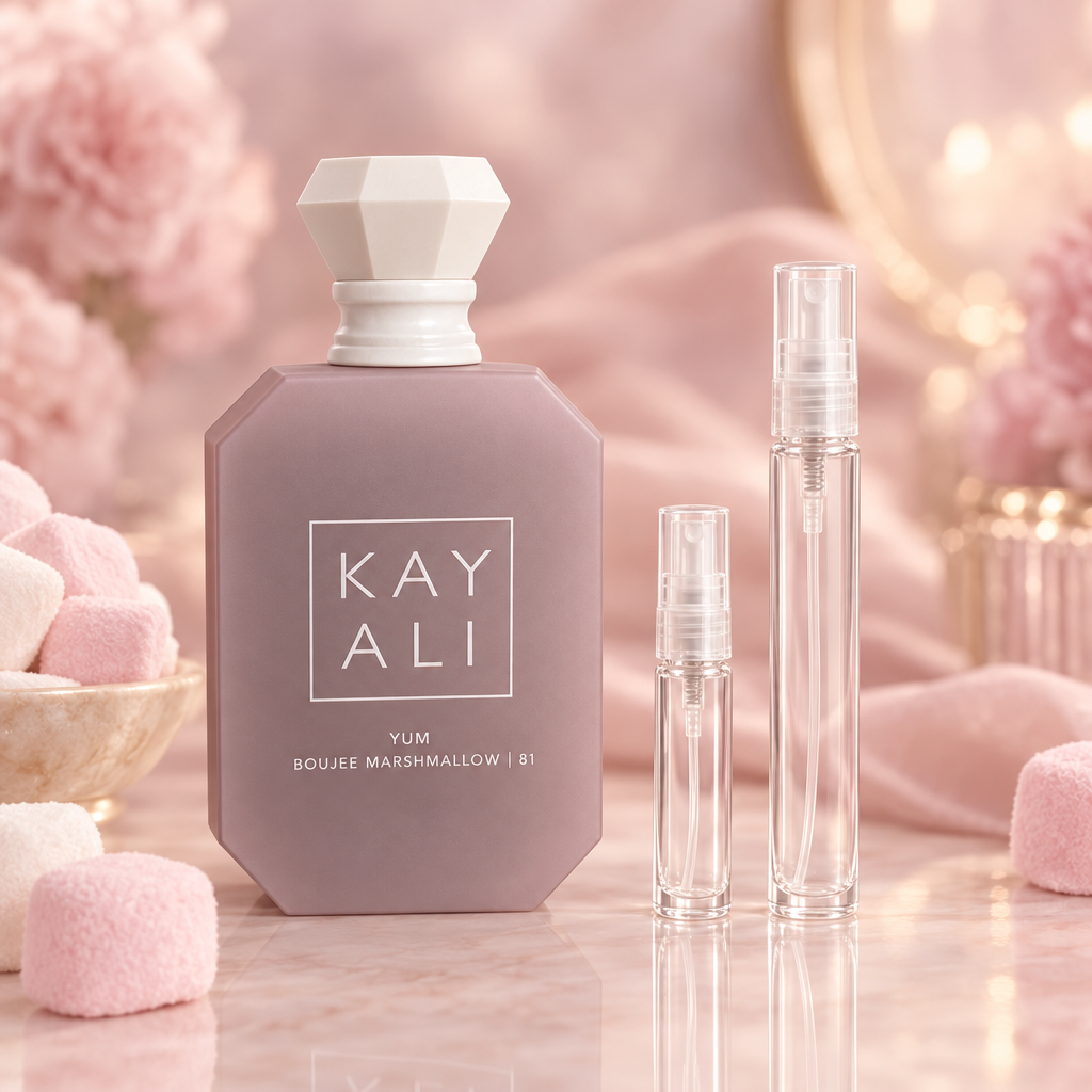 Kayali Yum Boujee Marshmallow 81 EDP Intense bottle with 5 ml and 10 ml plain clear travel spray vials