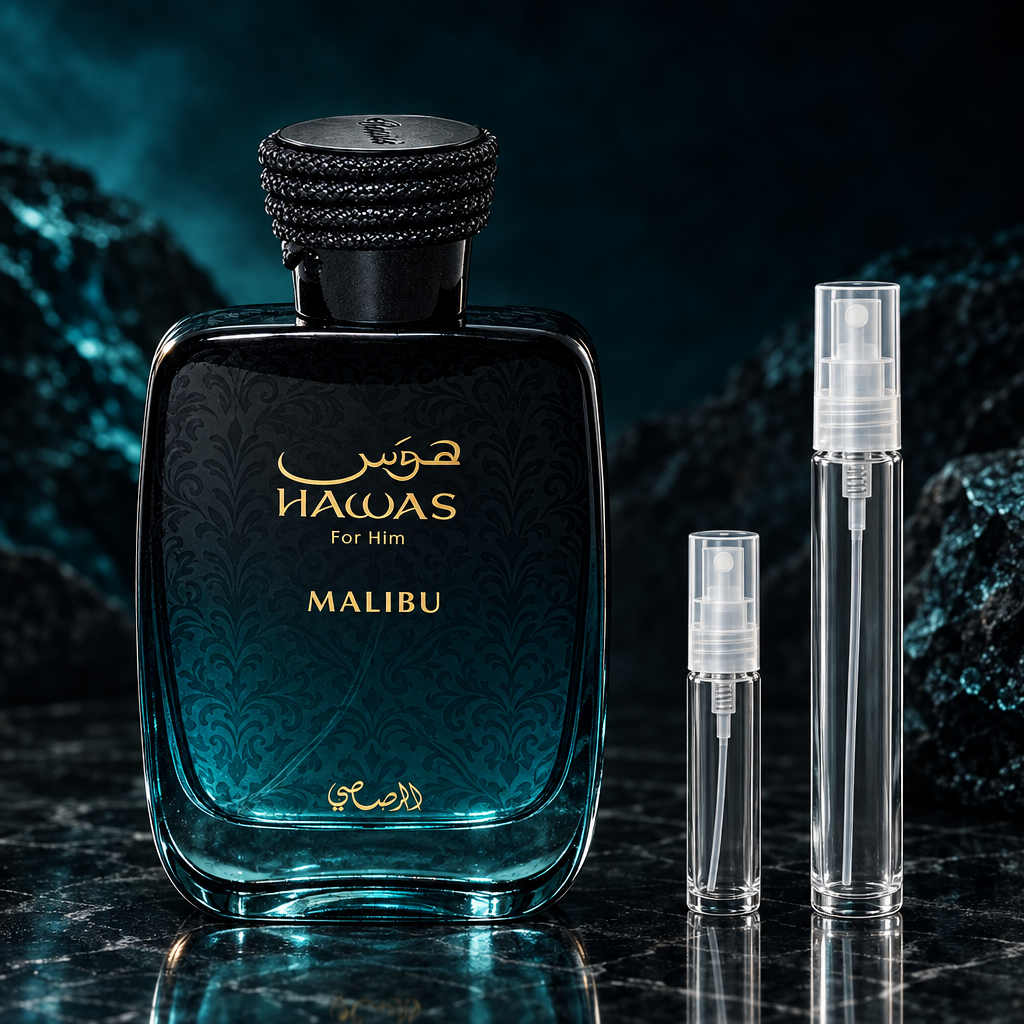 Rasasi Hawas Malibu EDP bottle with 5 ml and 10 ml plain clear travel spray vials
