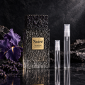 Arabiyat Prestige Noiré EDP bottle with 5 ml and 10 ml plain clear travel spray vials