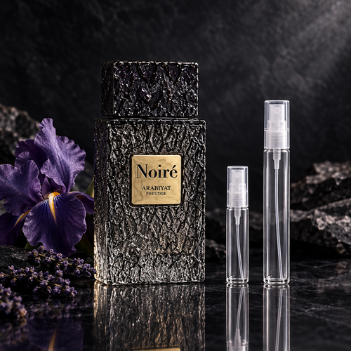 Arabiyat Prestige Noiré EDP bottle with 5 ml and 10 ml plain clear travel spray vials