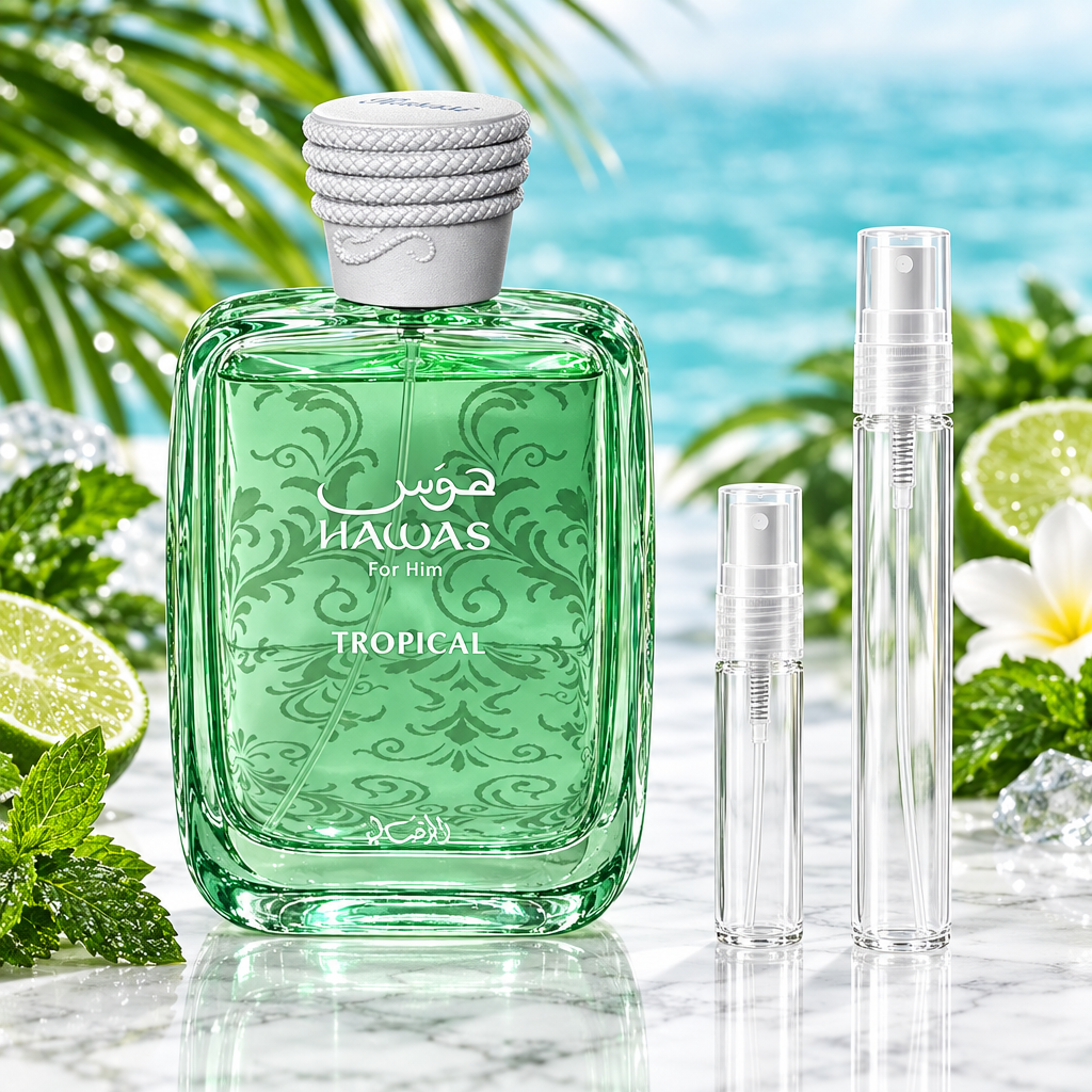 Rasasi Hawas Tropical EDP bottle with 5 ml and 10 ml plain clear travel spray vials