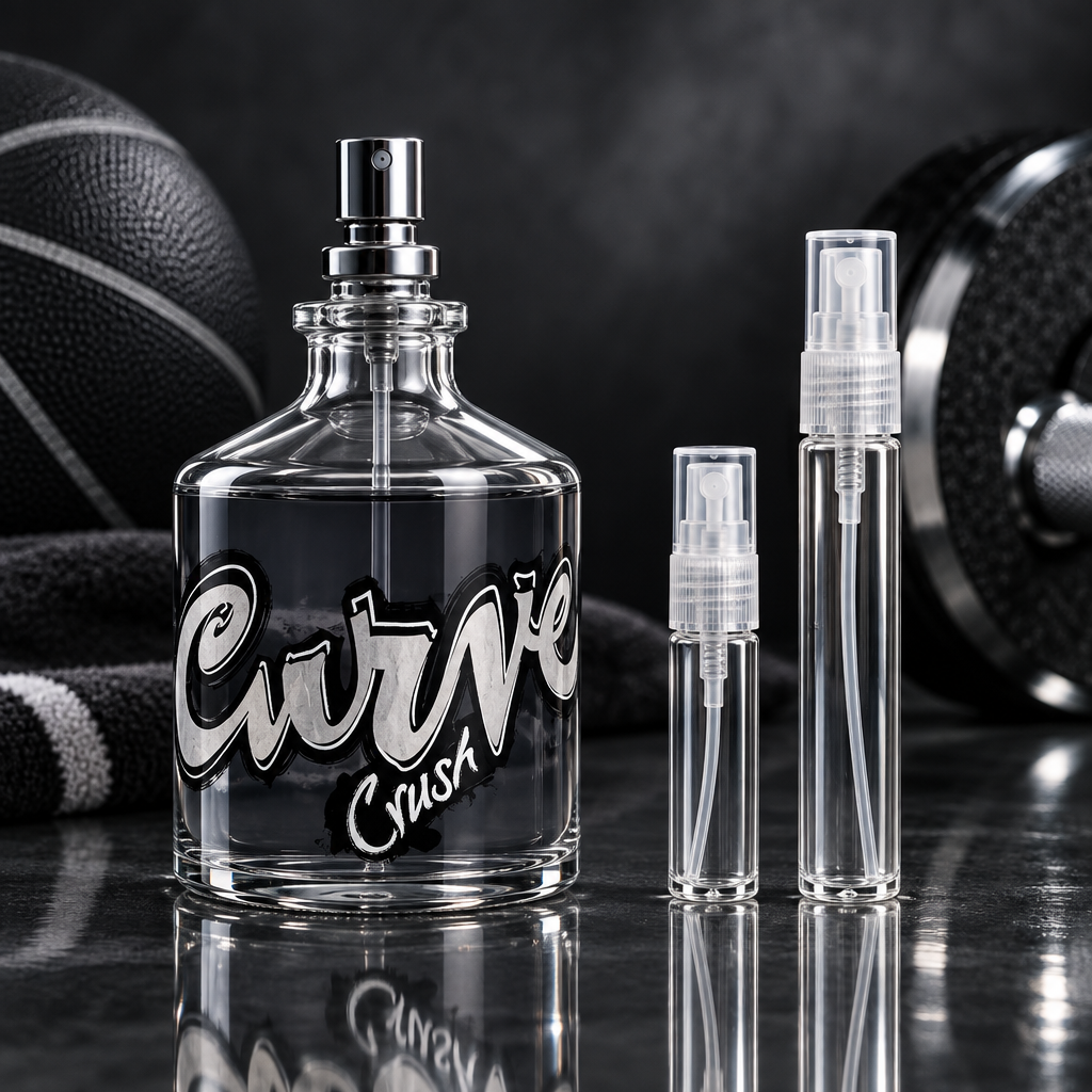 Curve Crush for Men by Liz Claiborne bottle with 5 ml and 10 ml plain clear travel spray vials