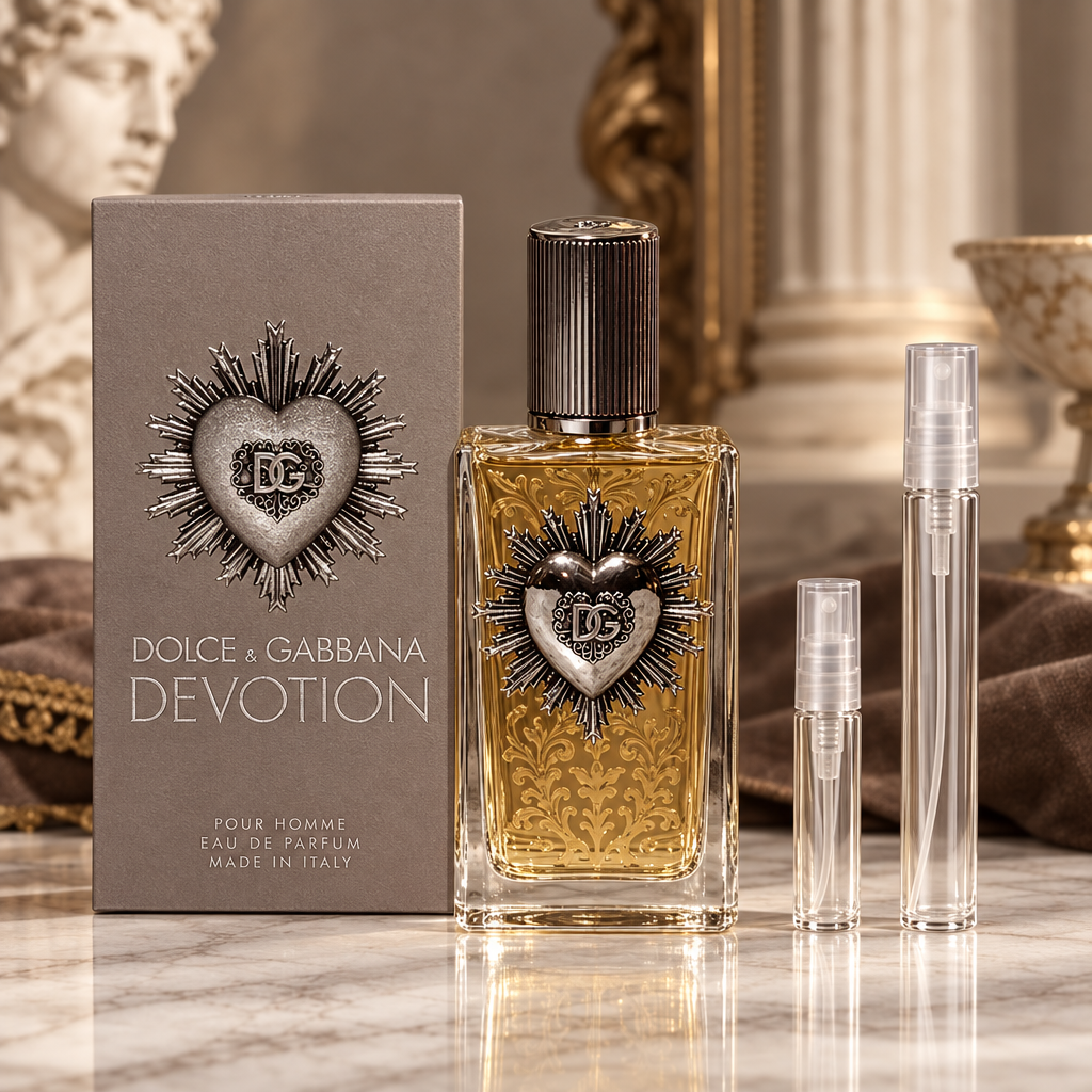 Dolce & Gabbana Devotion Pour Homme EDP bottle with box and 5 ml and 10 ml plain clear travel spray vials