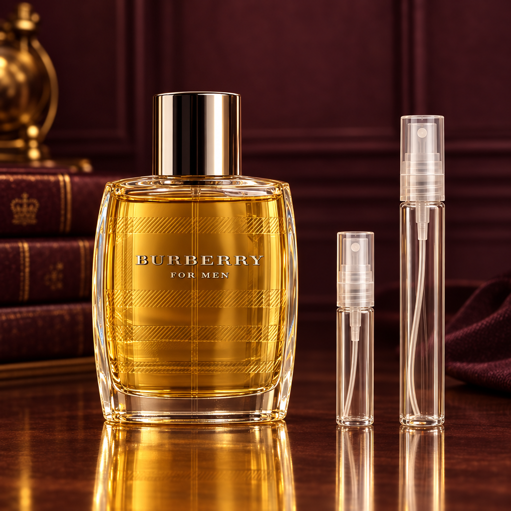 Burberry for Men bottle with 5 ml and 10 ml plain clear travel spray vials