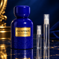 Mykonos Inception Extrait de Parfum bottle with 5 ml and 10 ml plain clear travel spray vials