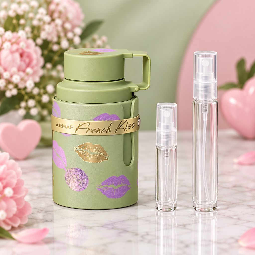Armaf Odyssey French Kiss EDP bottle with 5 ml and 10 ml plain clear travel spray vials