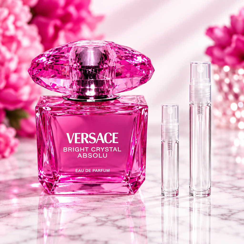 Versace Bright Crystal Absolu EDP bottle with 5 ml and 10 ml plain clear travel spray vials