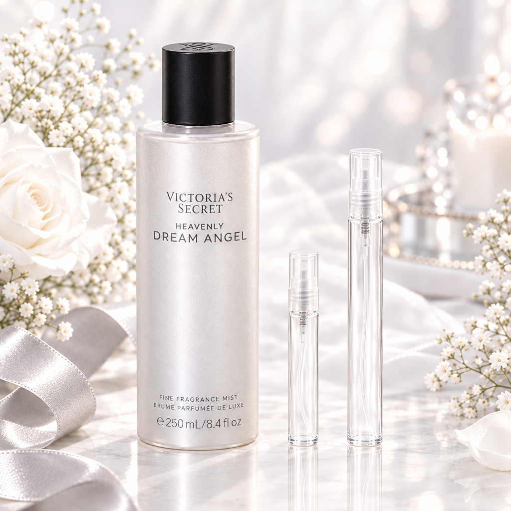 Victoria's Secret Heavenly Dream Angel bottle with 5 ml and 10 ml plain clear travel spray vials