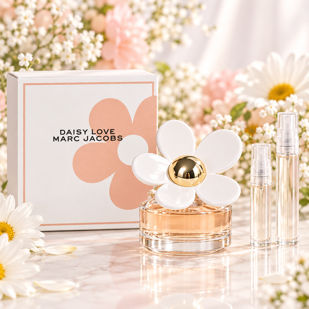 Marc Jacobs Daisy Love bottle and box with 5 ml and 10 ml clear travel spray vials