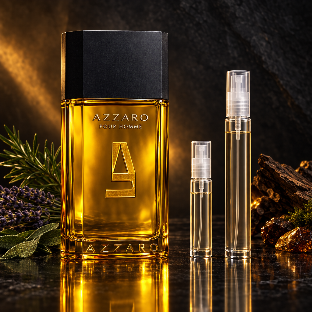 Azzaro Pour Homme EDT bottle with 5 ml and 10 ml plain clear travel spray vials