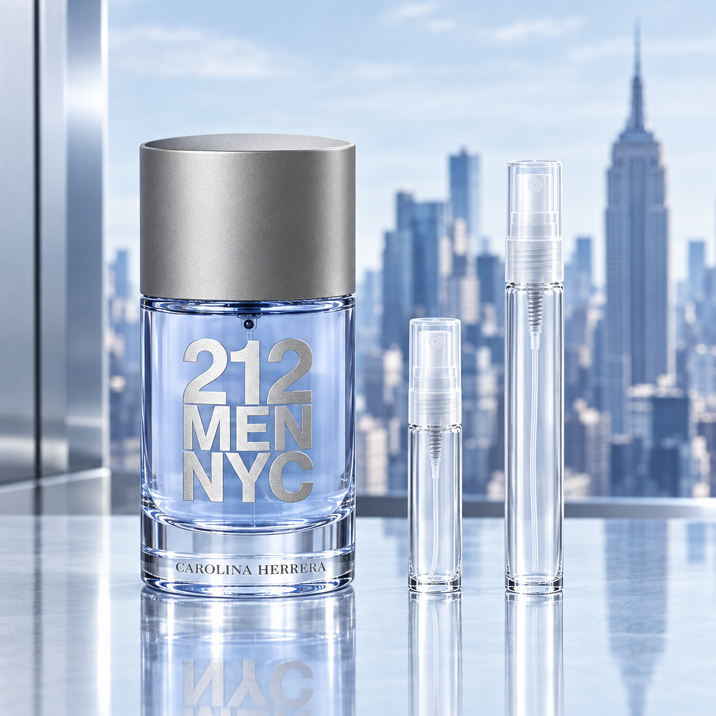 Carolina Herrera 212 Men NYC bottle with 5 ml and 10 ml plain clear travel spray vials