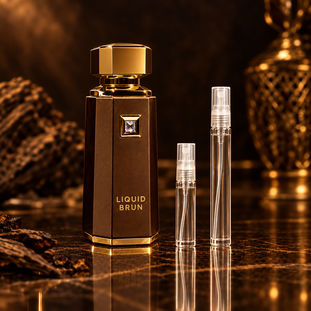 French Avenue Liquid Brun EDP bottle with 5 ml and 10 ml plain clear travel spray vials