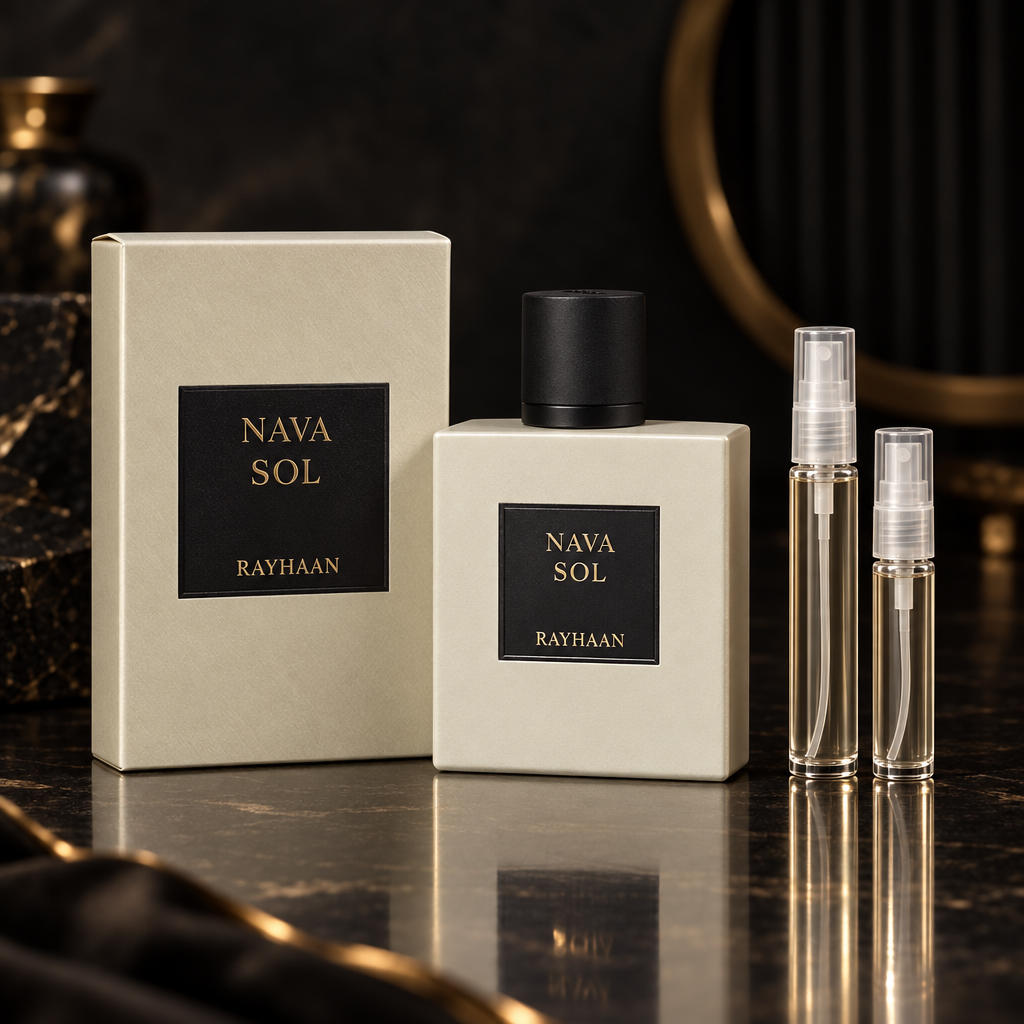Rayhaan Nava Sol bottle and box with 5 ml and 10 ml clear travel spray vials
