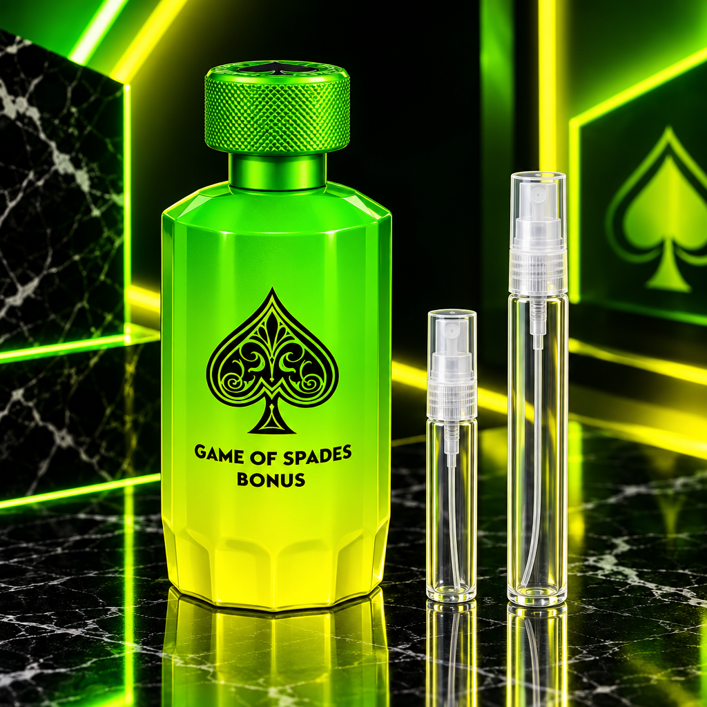 Jo Milano Game of Spades Bonus EDP bottle with 5 ml and 10 ml plain clear travel spray vials