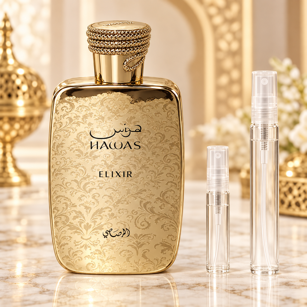Rasasi Hawas Elixir bottle with 5 ml and 10 ml plain clear travel spray vials