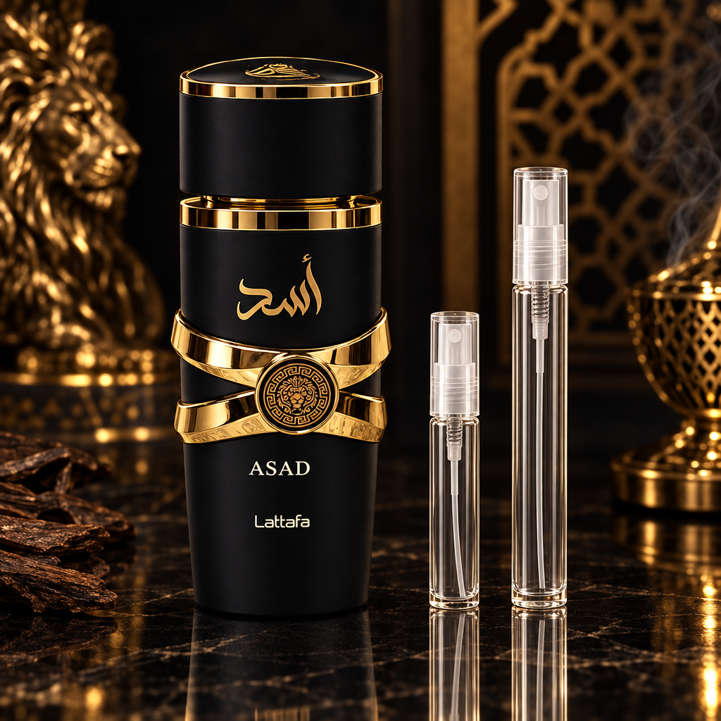 Lattafa Asad bottle with 5 ml and 10 ml plain clear travel spray vials