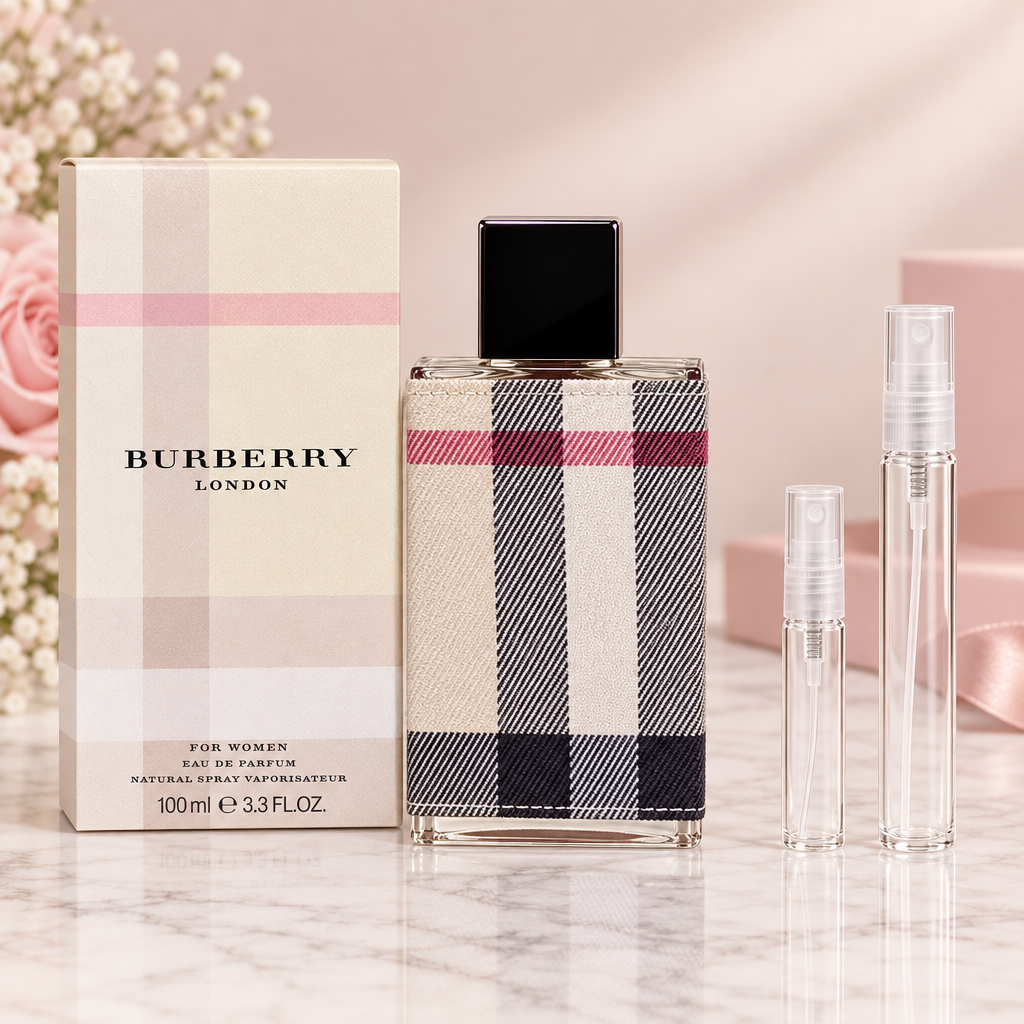 Burberry London for Women EDP bottle with box and 5 ml and 10 ml plain clear travel spray vials