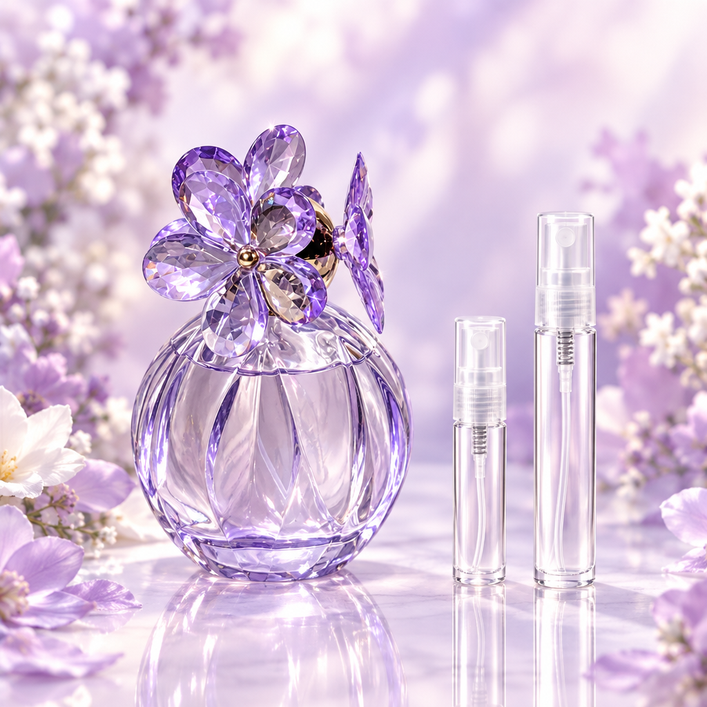 Heavenly Petals EDP bottle with 5 ml and 10 ml plain clear travel spray vials