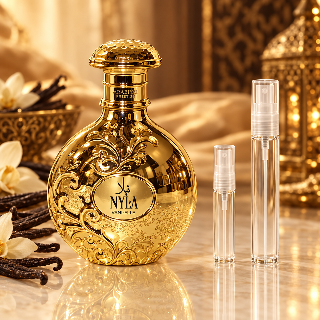 Arabiyat Prestige NYLA Van-elle bottle with 5 ml and 10 ml plain clear travel spray vials
