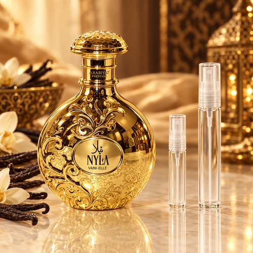 Arabiyat Prestige NYLA Van-elle bottle with 5 ml and 10 ml plain clear travel spray vials