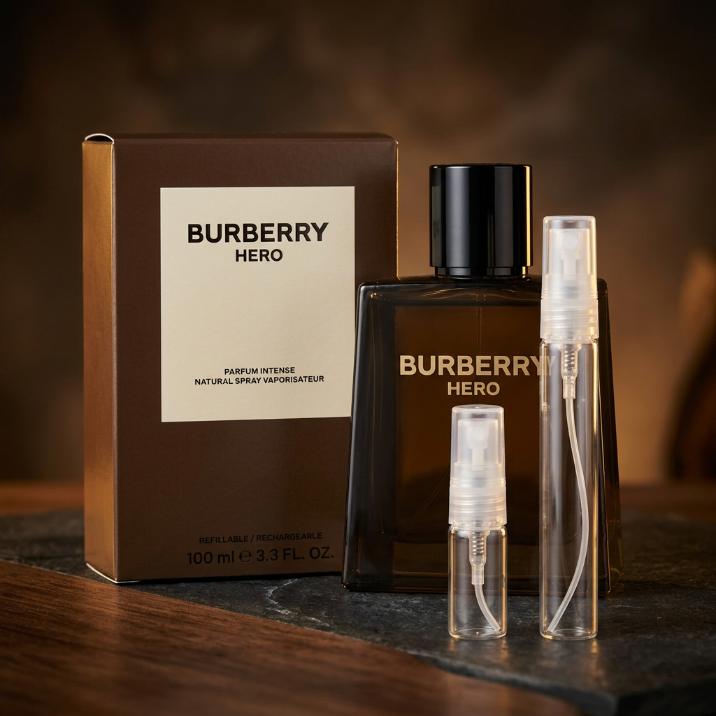Burberry Hero Parfum Intense bottle and box with two plain clear-glass travel spray atomizers on a dark wood and stone setting.