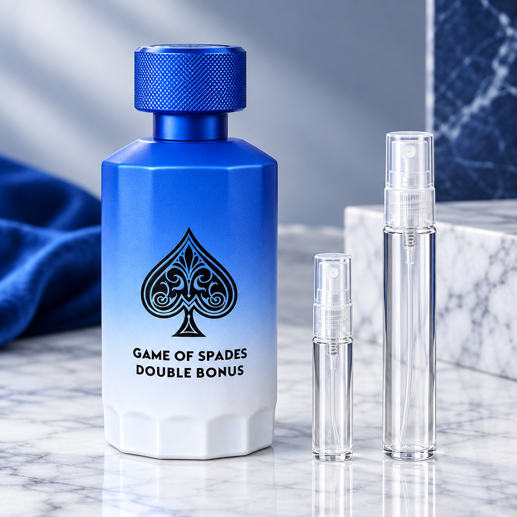 Jo Milano Game of Spades Double Bonus EDP bottle with 5 ml and 10 ml plain clear travel spray vials