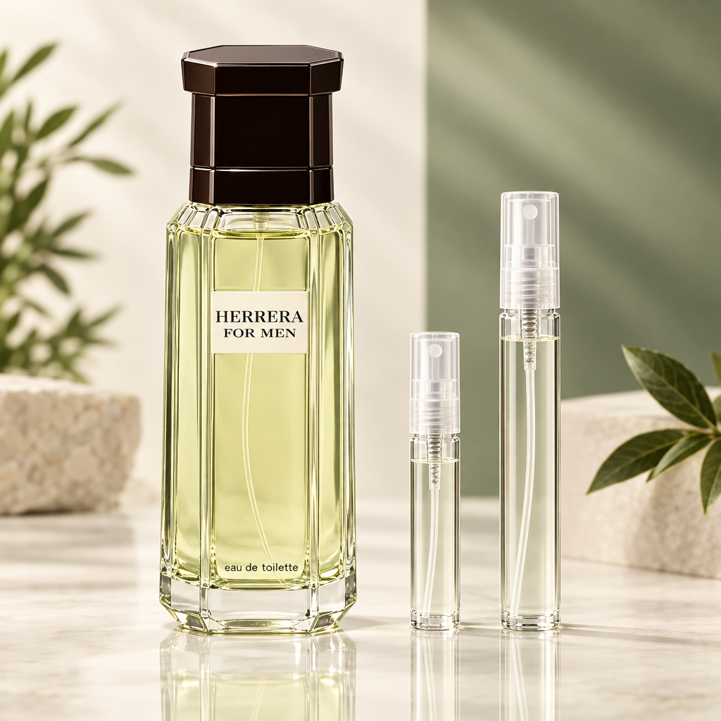 Carolina Herrera for Men EDT bottle with 5 ml and 10 ml plain clear travel spray vials