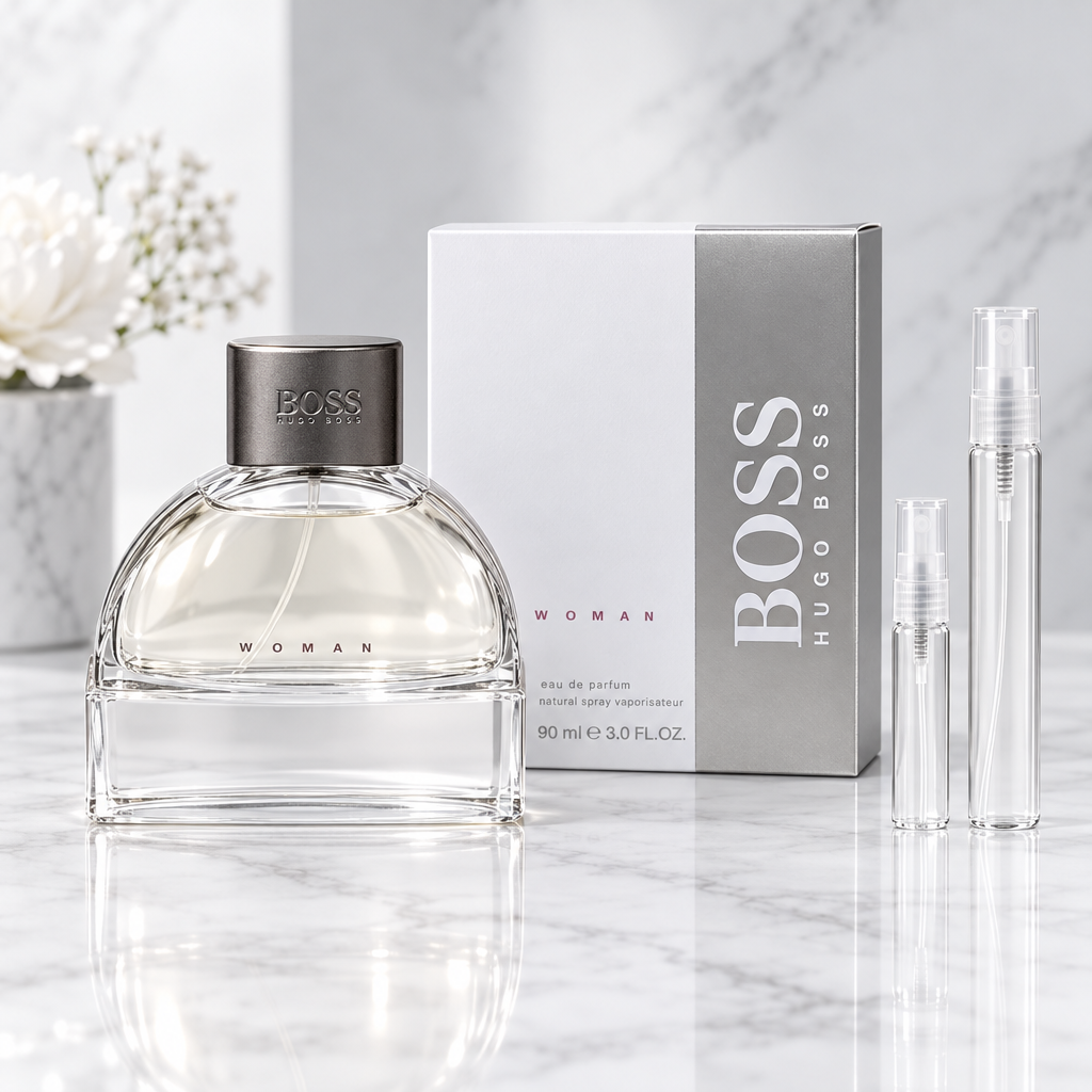Hugo Boss Boss Woman EDP bottle with 5 ml and 10 ml plain clear travel spray vials