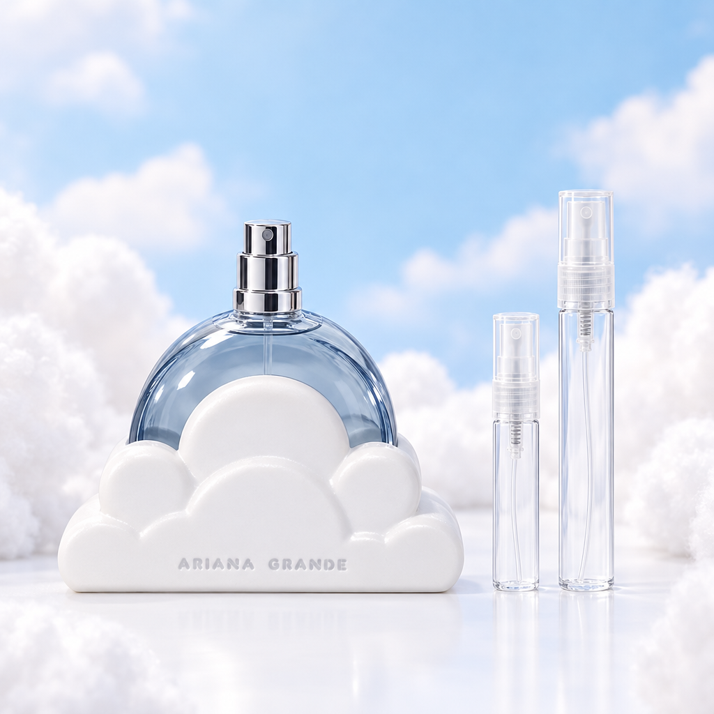 Ariana Grande Cloud EDP bottle with 5 ml and 10 ml plain clear travel spray vials