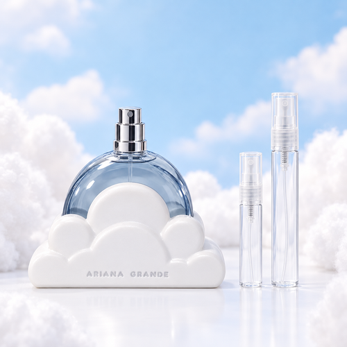 Ariana Grande Cloud EDP bottle with 5 ml and 10 ml plain clear travel spray vials