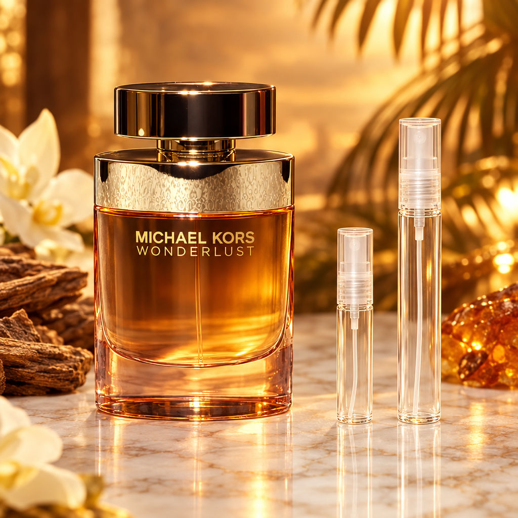Michael Kors Wonderlust EDP bottle with 5 ml and 10 ml plain clear travel spray vials