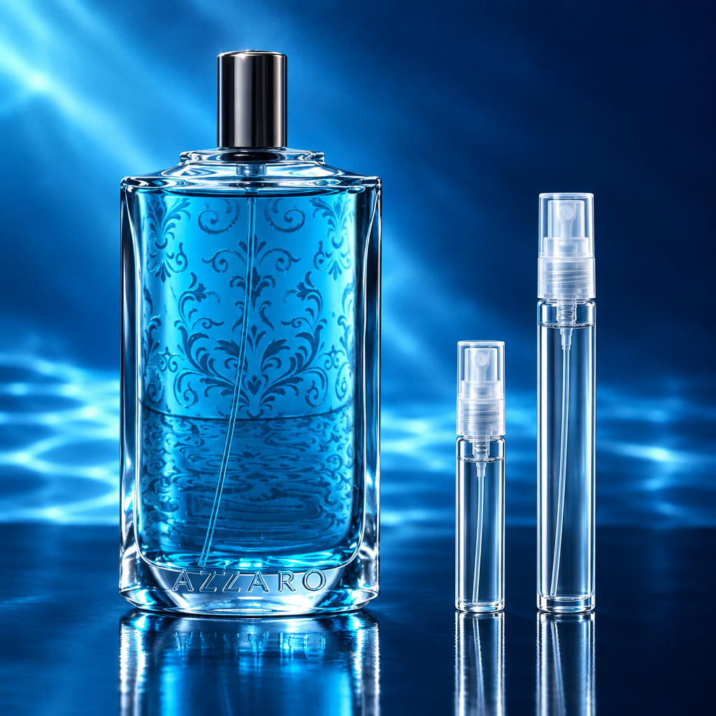 Azzaro Chrome Legend Eau de Toilette bottle with 5 ml and 10 ml plain clear travel spray vials