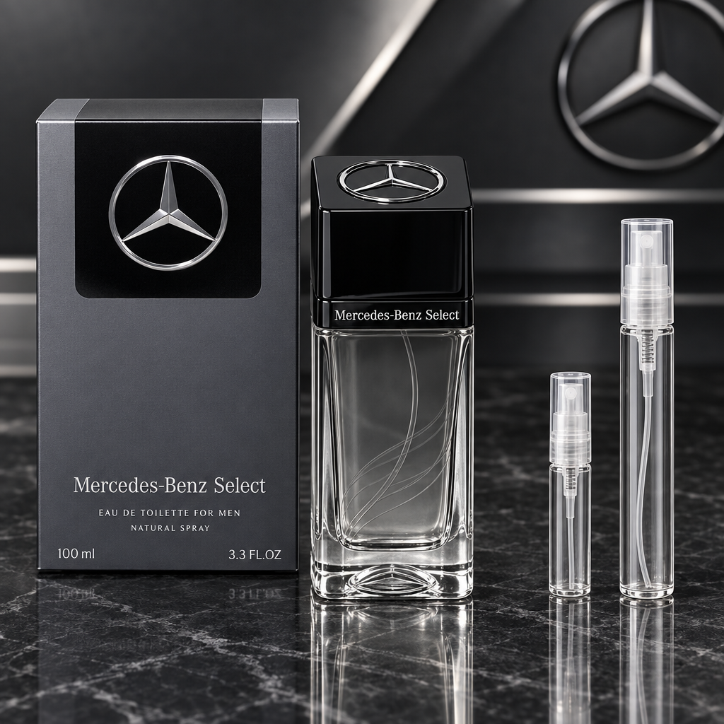 Mercedes-Benz Select EDT bottle with box and 5 ml and 10 ml plain clear travel spray vials