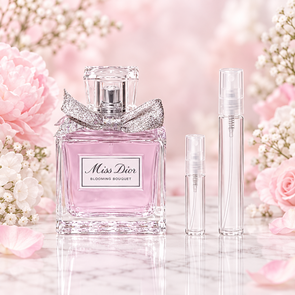 Miss Dior Blooming Bouquet EDT bottle with 5 ml and 10 ml plain clear travel spray vials