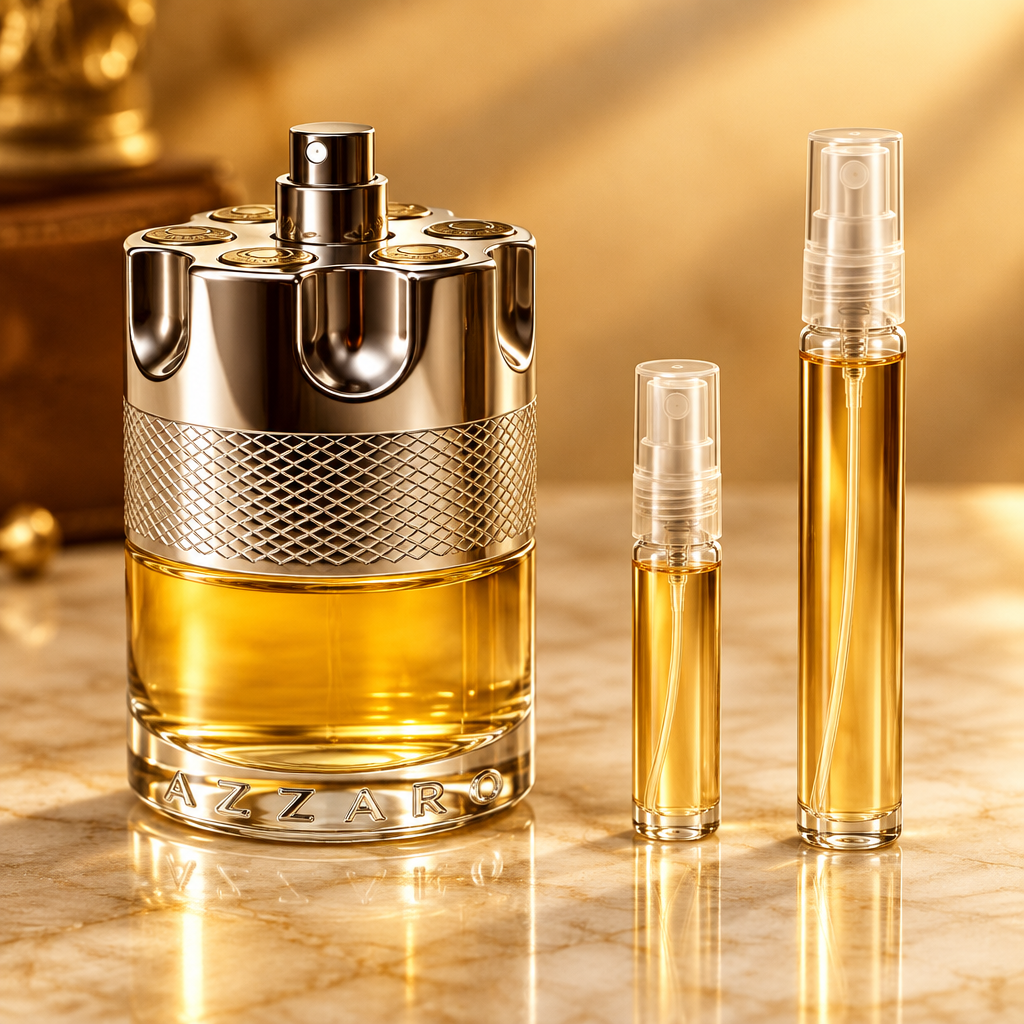 Azzaro Wanted Eau de Toilette bottle with 5 ml and 10 ml plain clear travel spray vials