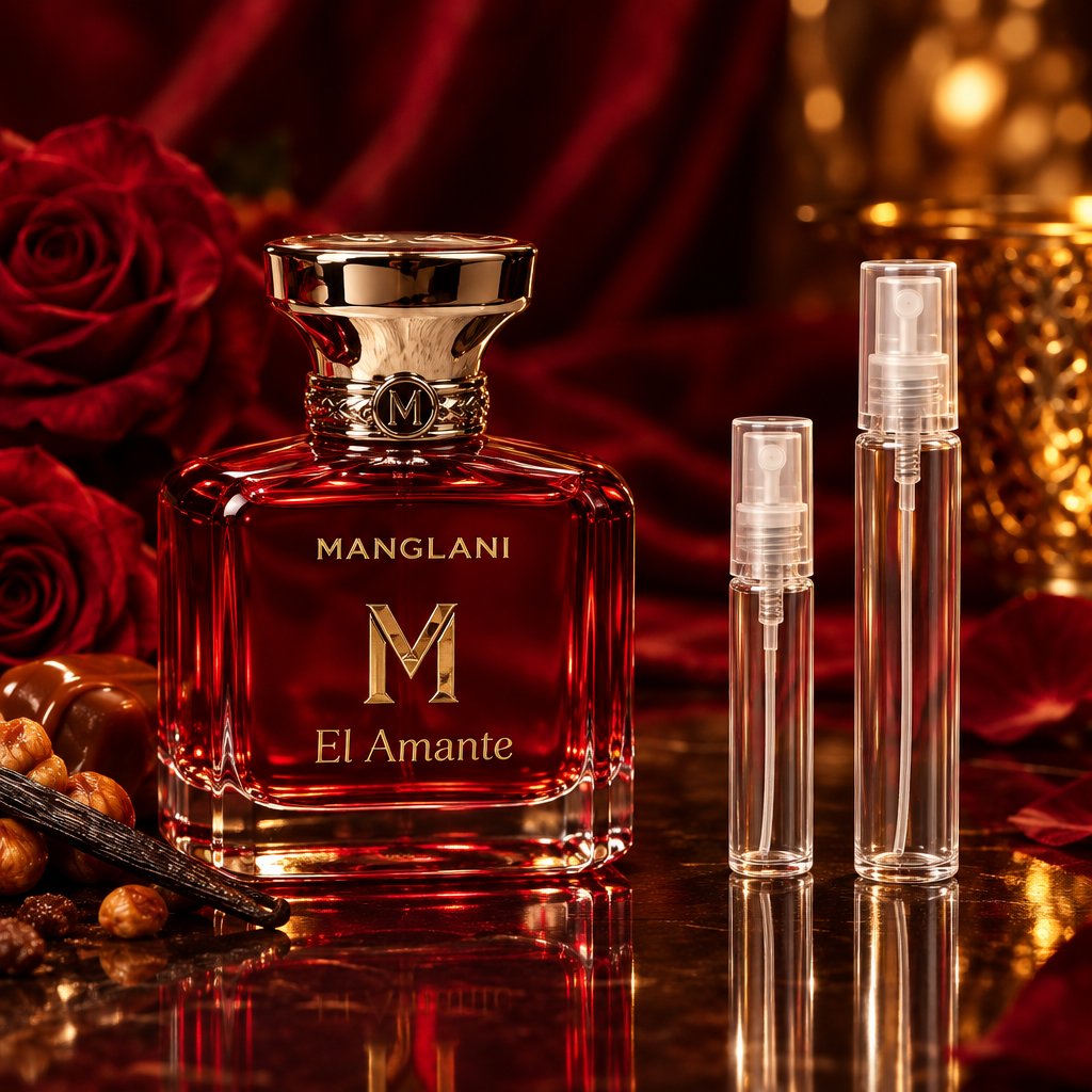 Manglani El Amante Extrait de Parfum bottle with 5 ml and 10 ml plain clear travel spray vials