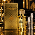 Jo Milano Game of Spades Jackpot Parfum bottle and box with 5 ml and 10 ml plain clear travel spray vials