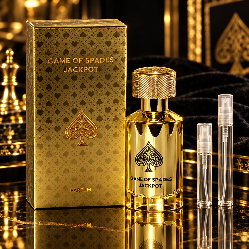 Jo Milano Game of Spades Jackpot Parfum bottle and box with 5 ml and 10 ml plain clear travel spray vials