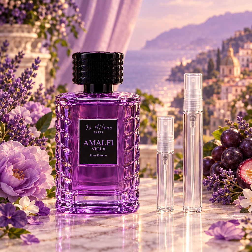 Jo Milano Paris Amalfi Viola Pour Femme EDP bottle with 5 ml and 10 ml plain clear travel spray vials