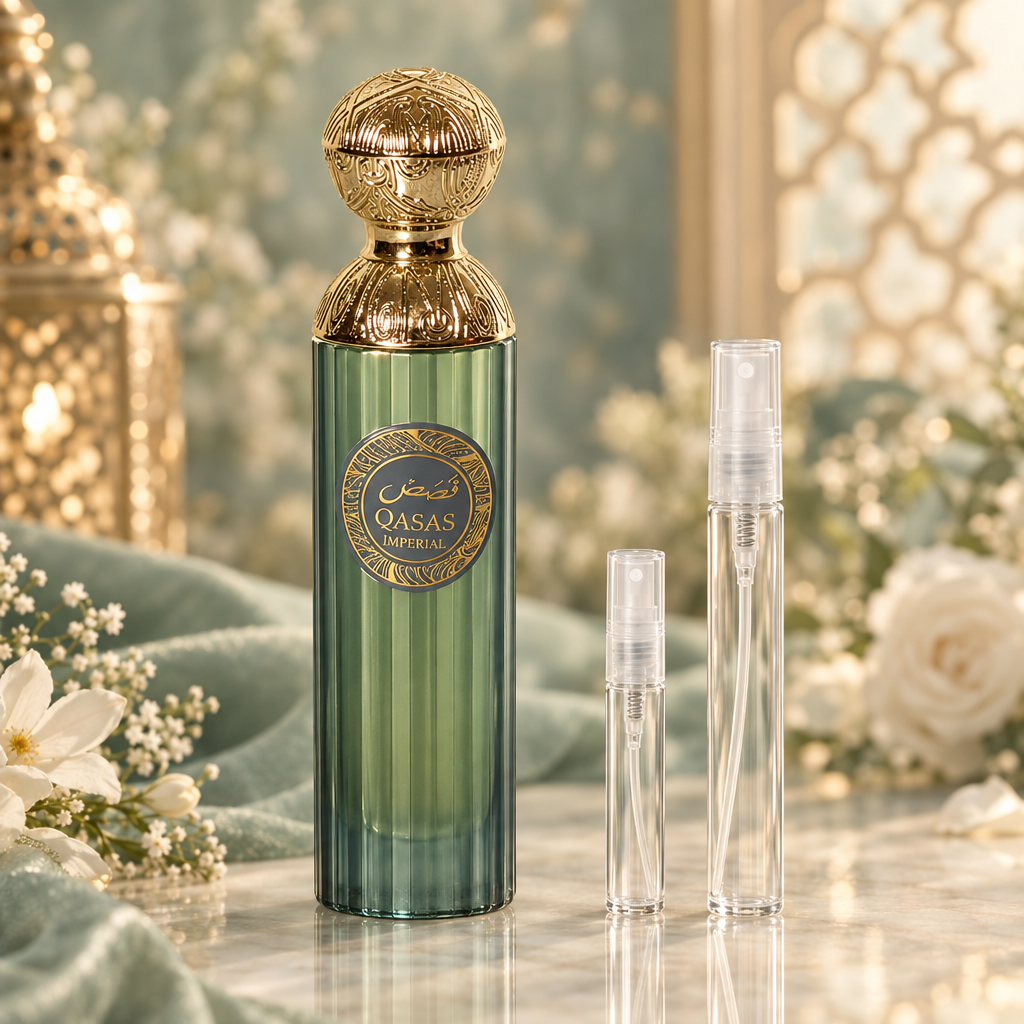 Manasik Qasas Imperial EDP bottle with 5 ml and 10 ml plain clear travel spray vials