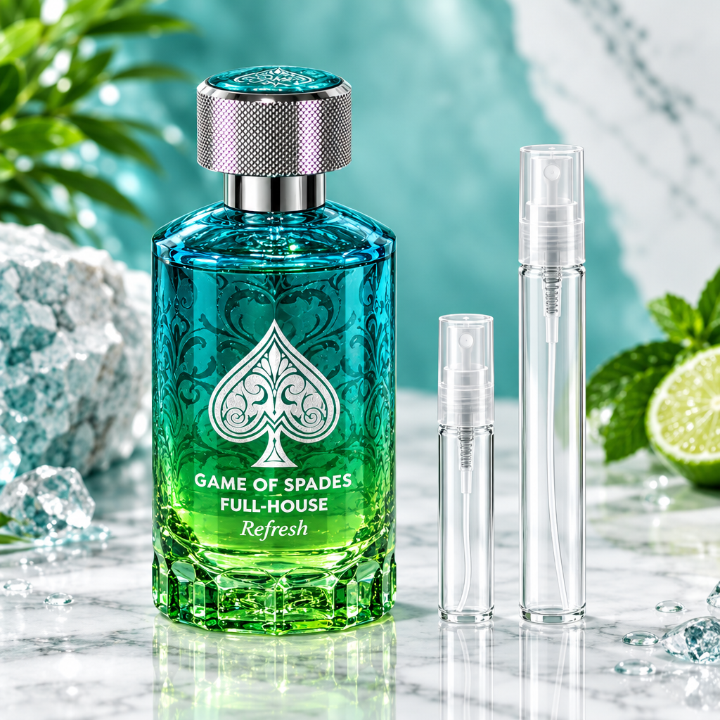Jo Milano Game of Spades Full-House Refresh EDP bottle with 5 ml and 10 ml plain clear travel spray vials